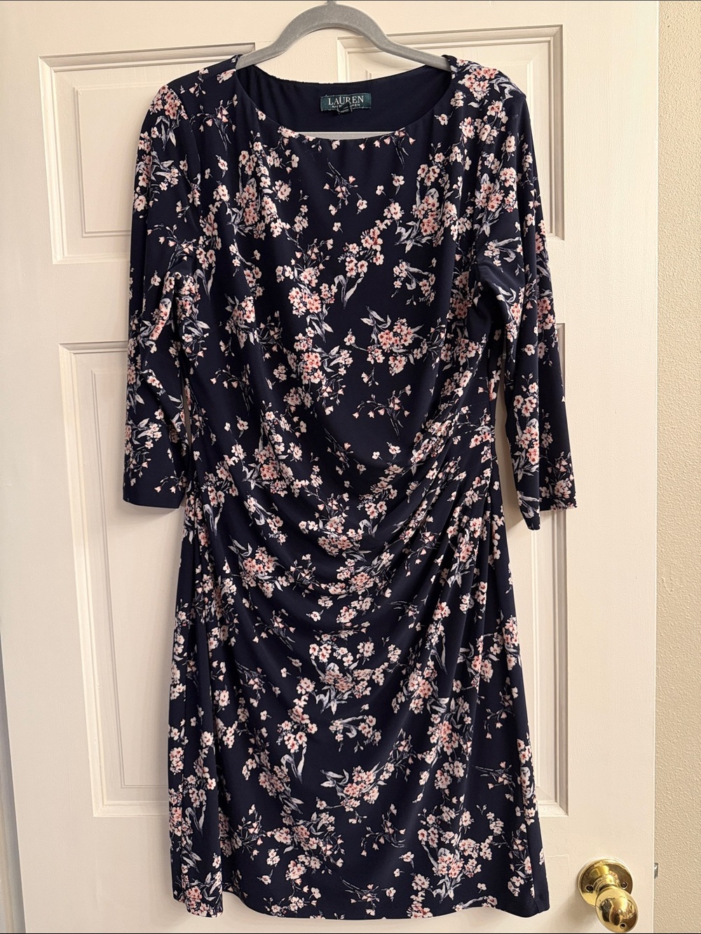 Lauren Ralph Lauren Navy Floral Ruched Long Sleeve Dress sleeves are 3/4